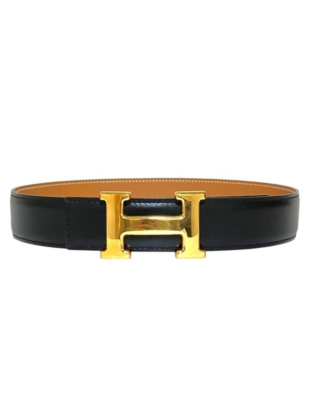 Hermes Vintage Constance Leather Belt H Buckle 85 Black Beige Gold Colored